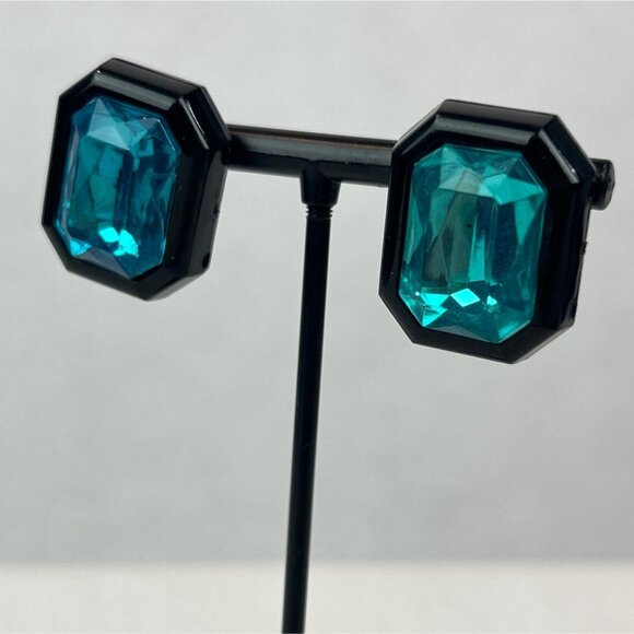 Octagon Stud Earrings Teal Plastic Gemstones Black Enamel Frame - Picture 2 of 8